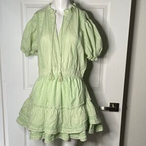 Mable Lace Detail Gingham Short Sleeve Ruffle Mini Dress Cotton Blend